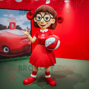 Red Rugby Ball mascot costume character dressed with a Sheath Dress and Foot pads