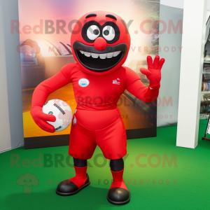 Red Rugby Ball mascot costume character dressed with a Sheath Dress and Foot pads