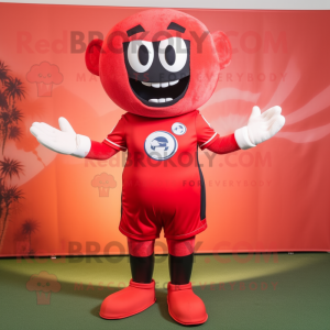 Red Rugby Ball mascot costume character dressed with a Sheath Dress and Foot pads