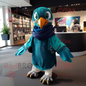 Teal Falcon mascot costume character dressed with a Jacket and Shawls
