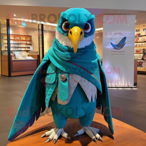 Teal Falcon mascot costume character dressed with a Jacket and Shawls
