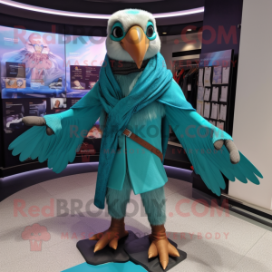 Teal Falcon mascot costume character dressed with a Jacket and Shawls