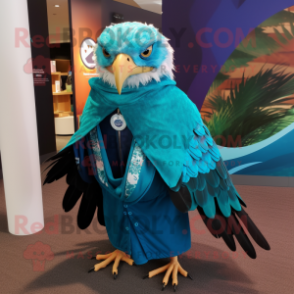 Teal Falcon mascot costume character dressed with a Jacket and Shawls