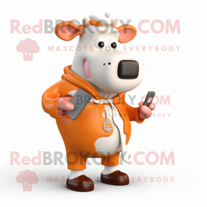 Peach Hereford Cow mascot costume character dressed with a Jumpsuit and Wallets