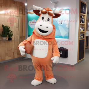 Peach Hereford Cow mascot costume character dressed with a Jumpsuit and Wallets