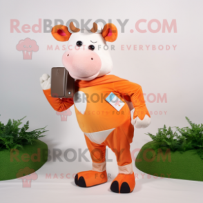 Peach Hereford Cow mascot costume character dressed with a Jumpsuit and Wallets