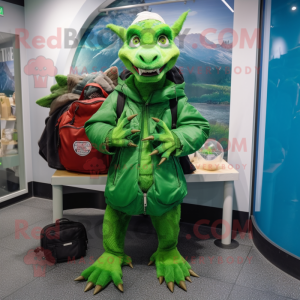 Green Chupacabra mascot costume character dressed with a Parka and Messenger bags