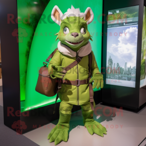 Green Chupacabra mascot costume character dressed with a Parka and Messenger bags