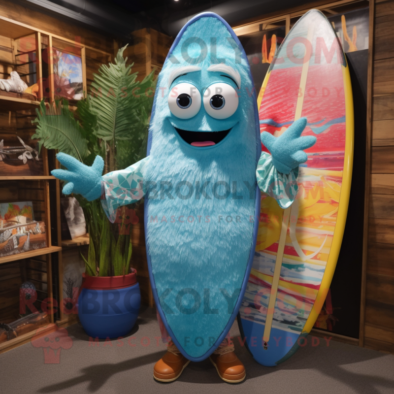 Turquoise Surfboard mascot costume character dressed with a Denim Shirt and Shawl pins Turquoise Surfboard mascot costume character dressed with a Denim Shirt and Shawl pins