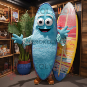 Turquoise Surfboard mascot costume character dressed with a Denim Shirt and Shawl pins