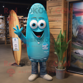 Turquoise Surfboard mascot costume character dressed with a Denim Shirt and Shawl pins