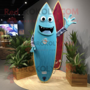 Turquoise Surfboard mascot costume character dressed with a Denim Shirt and Shawl pins