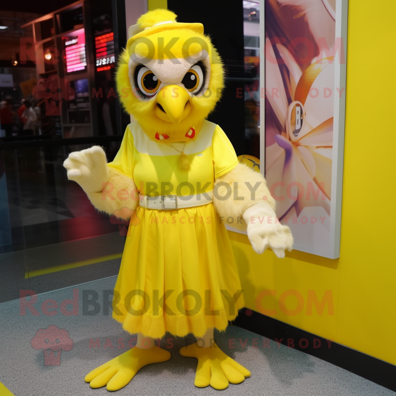 Lemon Yellow Hawk mascot costume character dressed with a Midi Dress and Anklets