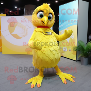 Lemon Yellow Hawk mascot costume character dressed with a Midi Dress and Anklets