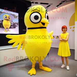 Lemon Yellow Hawk mascot costume character dressed with a Midi Dress and Anklets
