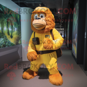 Yellow Orangutan mascot costume character dressed with a Cargo Pants and Foot pads