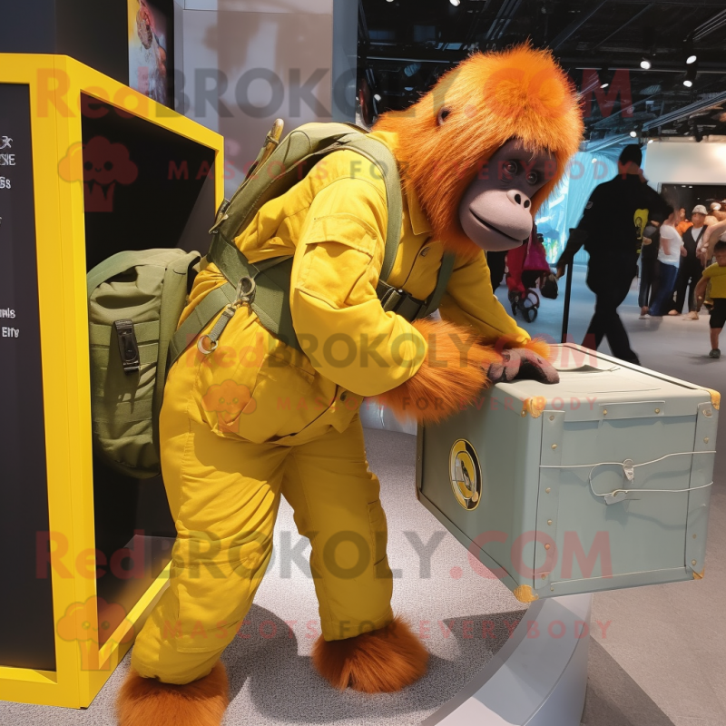Yellow Orangutan mascot costume character dressed with a Cargo Pants and Foot pads Yellow Orangutan mascot costume character dressed with a Cargo Pants and Foot pads