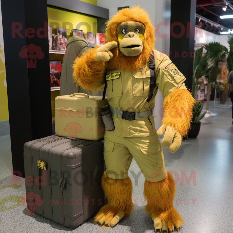 Yellow Orangutan mascot costume character dressed with a Cargo Pants and Foot pads Yellow Orangutan mascot costume character dressed with a Cargo Pants and Foot pads