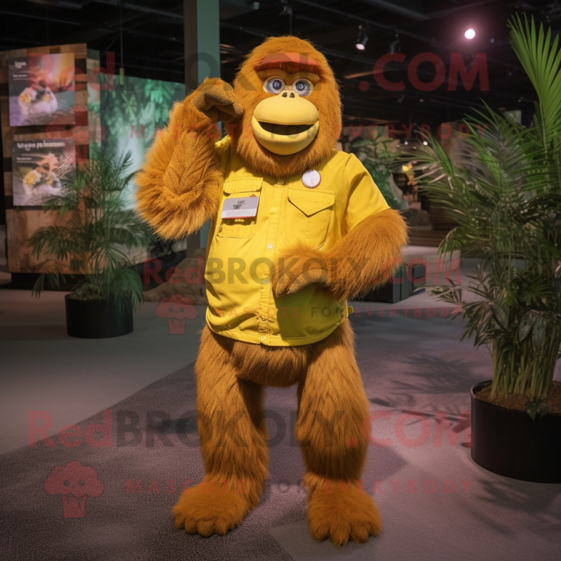 Yellow Orangutan mascot costume character dressed with a Cargo Pants and Foot pads Yellow Orangutan mascot costume character dressed with a Cargo Pants and Foot pads