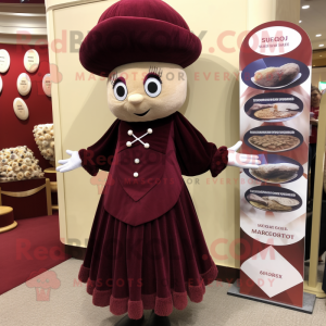 Maroon Oyster mascot costume character dressed with a Evening Gown and Berets