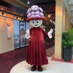 Maroon Oyster mascot costume character dressed with a Evening Gown and Berets