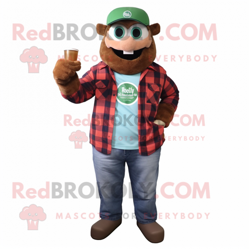 Rust Green Beer mascot costume character dressed with a Flannel Shirt and Watches Rust Green Beer mascot costume character dressed with a Flannel Shirt and Watches