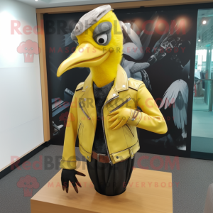 Lemon Yellow Woodpecker mascot costume character dressed with a Leather Jacket and Scarves