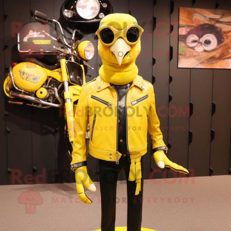 Lemon Yellow Woodpecker mascot costume character dressed with a Leather Jacket and Scarves