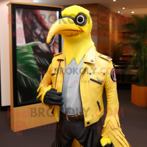 Lemon Yellow Woodpecker mascot costume character dressed with a Leather Jacket and Scarves