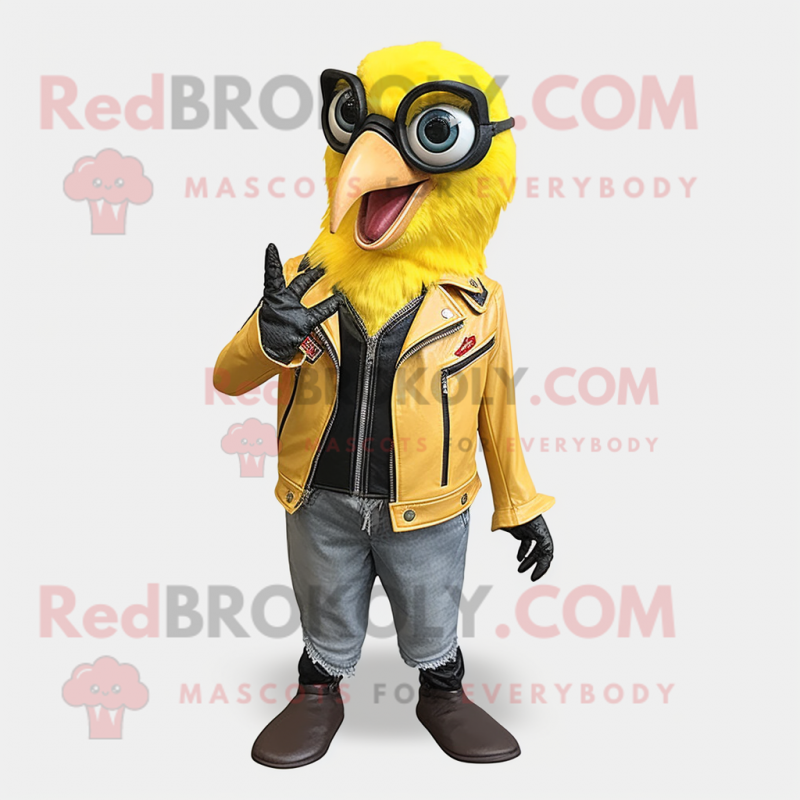 Lemon Yellow Woodpecker mascot costume character dressed with a Leather Jacket and Scarves