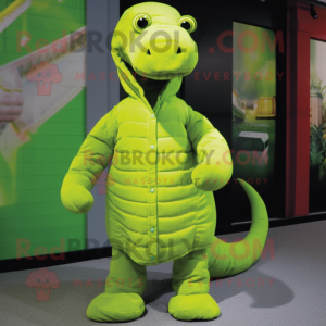 Lime Green Brachiosaurus mascot costume character dressed with a Parka and Ties