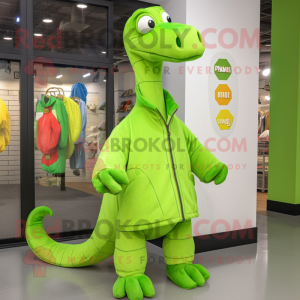 Lime Green Brachiosaurus mascot costume character dressed with a Parka and Ties