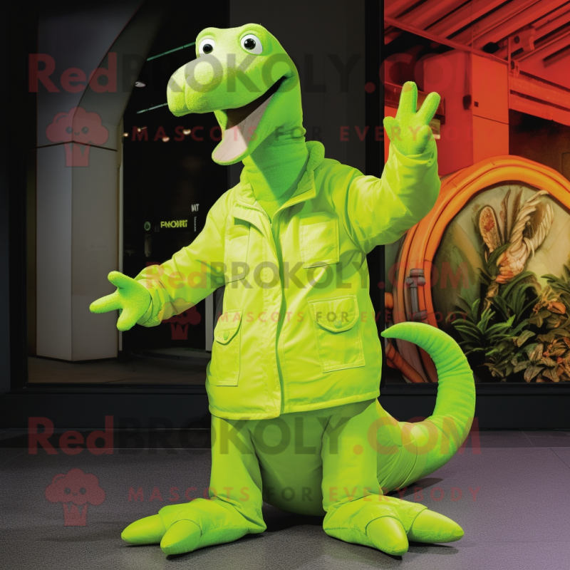 Lime Green Brachiosaurus mascot costume character dressed with a Parka and Ties