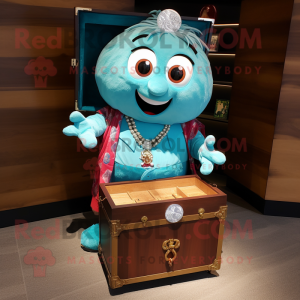 Turquoise Treasure Chest mascot costume character dressed with a Chambray Shirt and Brooches