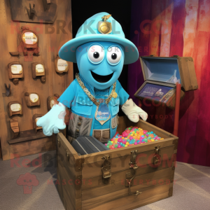 Turquoise Treasure Chest mascot costume character dressed with a Chambray Shirt and Brooches