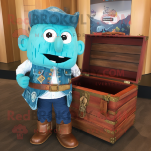 Turquoise Treasure Chest mascot costume character dressed with a Chambray Shirt and Brooches