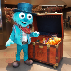 Turquoise Treasure Chest mascot costume character dressed with a Chambray Shirt and Brooches