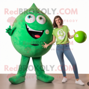 Green Petanque Ball mascot costume character dressed with a Mom Jeans and Watches