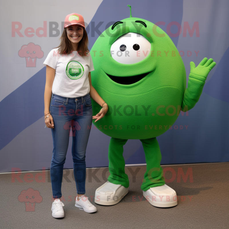 Green Petanque Ball mascot costume character dressed with a Mom Jeans and Watches Green Petanque Ball mascot costume character dressed with a Mom Jeans and Watches