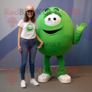 Green Petanque Ball mascot costume character dressed with a Mom Jeans and Watches