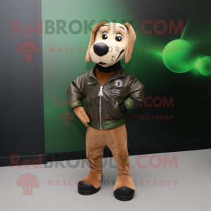 Olive Dog mascot costume character dressed with a Leather Jacket and Belts