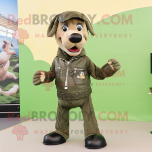 Olive Dog mascot costume character dressed with a Leather Jacket and Belts
