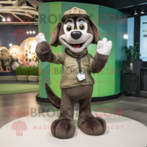 Olive Dog mascot costume character dressed with a Leather Jacket and Belts