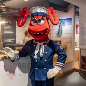 Navy Lobster Bisque mascot costume character dressed with a Chinos and Hairpins