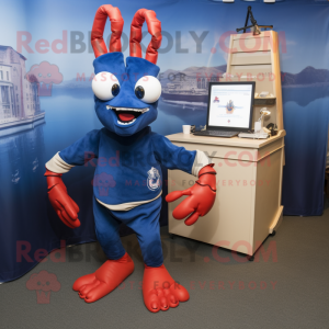 Navy Lobster Bisque mascot costume character dressed with a Chinos and Hairpins