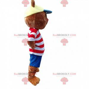 Little bear mascot with a white and red striped t-shirt -