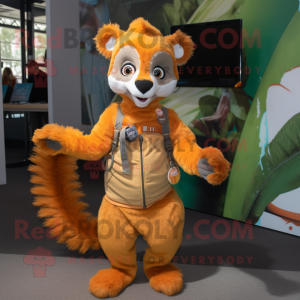 Orange Lemur mascot costume character dressed with a Dungarees and Bracelets