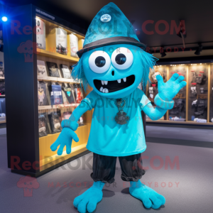 Cyan Graveyard mascot costume character dressed with a V-Neck Tee and Headbands