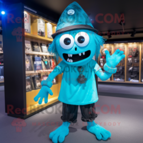 Cyan Graveyard mascot costume character dressed with a V-Neck Tee and Headbands