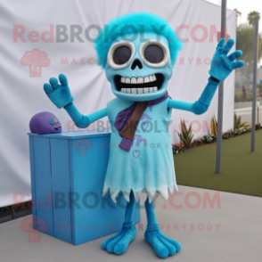 Cyan Graveyard mascot costume character dressed with a V-Neck Tee and Headbands